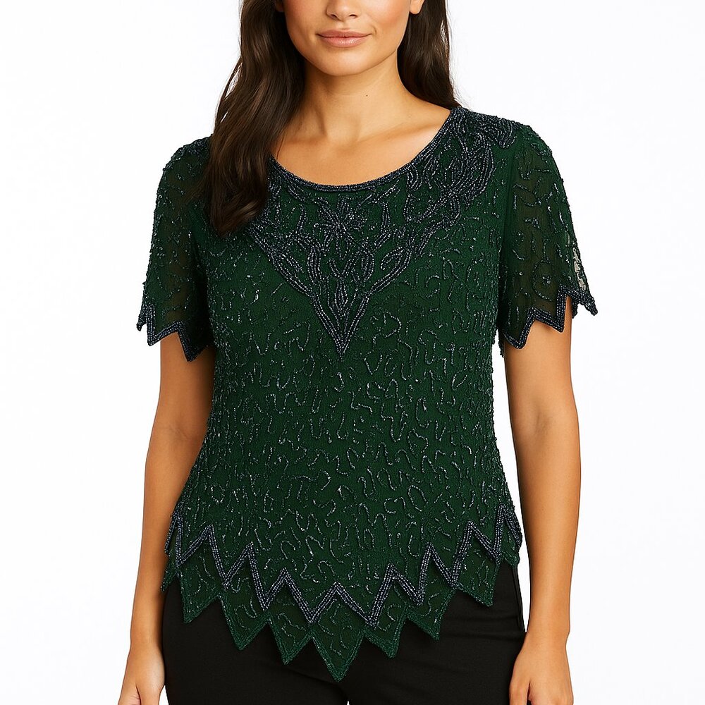 Top, glamourous evening, fully beaded, black on forest green Sz small, sheer EUC